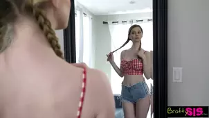 A girl with big breasts stomps on the balls of her stepbrother