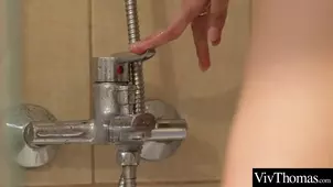 A young blonde has fun with her friend's big boobs and masturbates joyfully