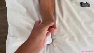 The beauty pleased the guy with a footjob