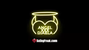 Multicultural threesome sex with Angel and Diabla in missionary pose