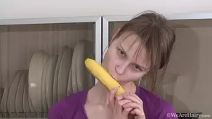 Russian amateur uses a vibrator to masturbate her hairy pussy