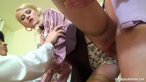 Two naughty secretaries get fucked on their work desk and caught